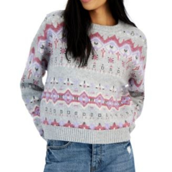 NWT Sugar Moon Juniors' NYC Alliance Fair Isle Sweater Grey Pink Purple Large - Picture 2 of 15